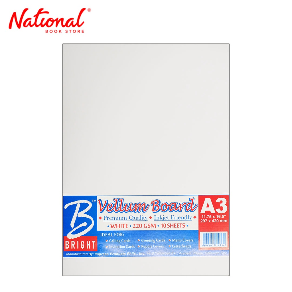 Bright Vellum Board 220GSM 10's White A3 School & Office Supplies