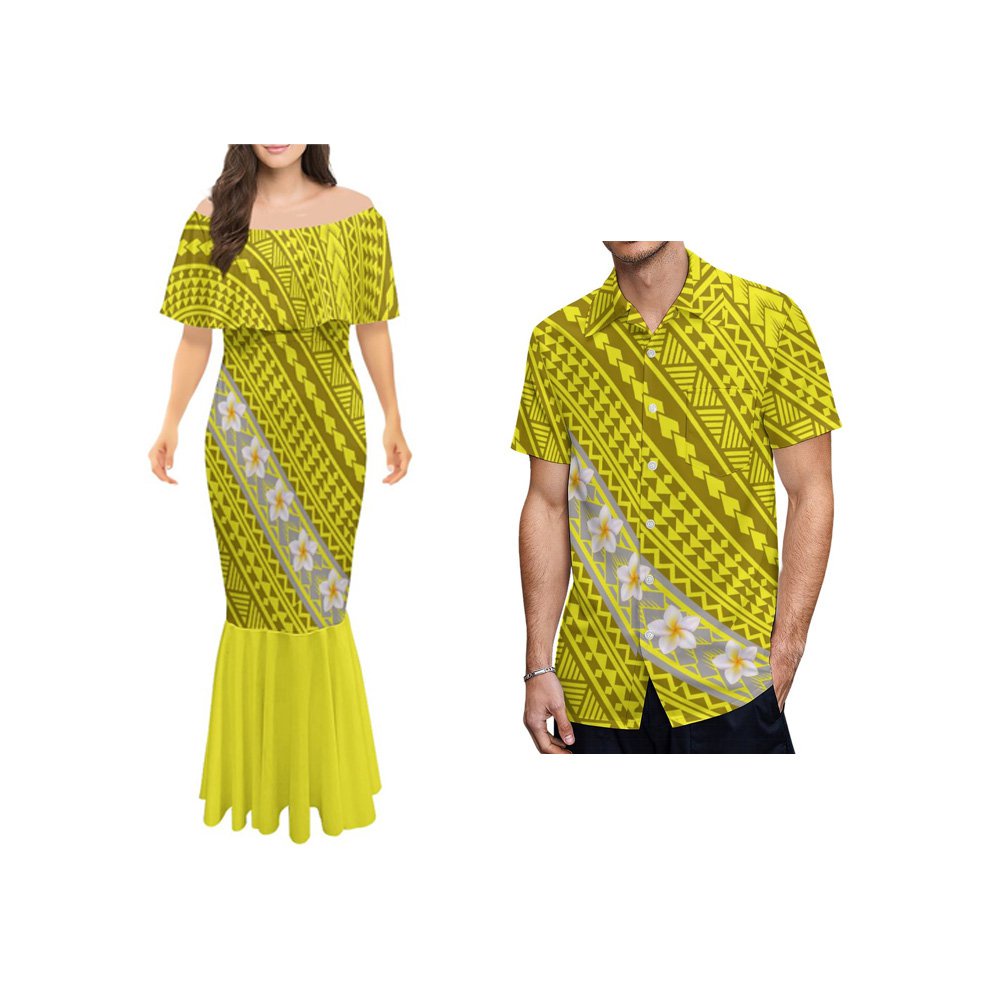 YTLB Polynesian Tribal Print Women Bare Shoulders Dresses Mermaid Skirt