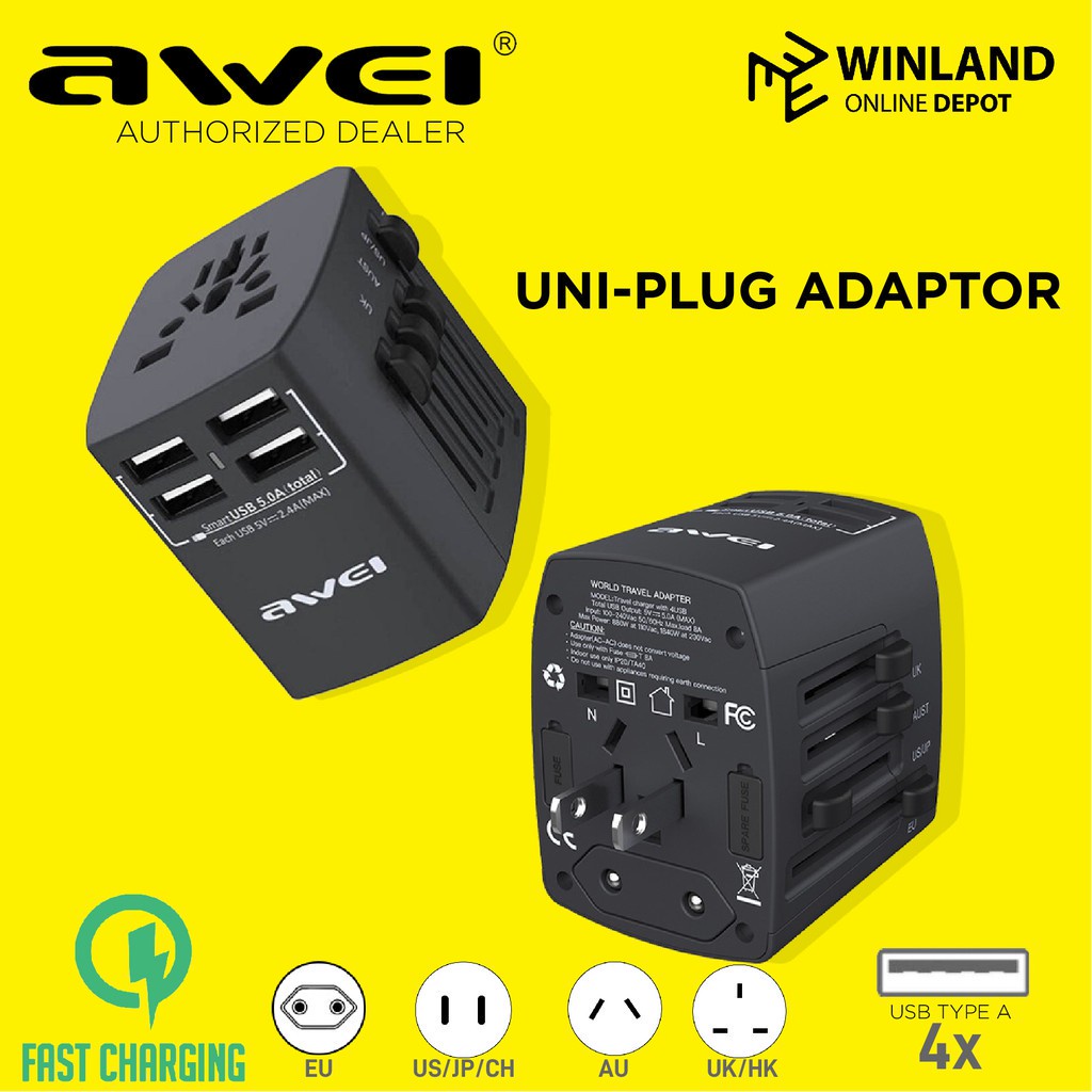 Awei Multi-Outlets Travel Adapter, All in Universal Wall Power Travel ...