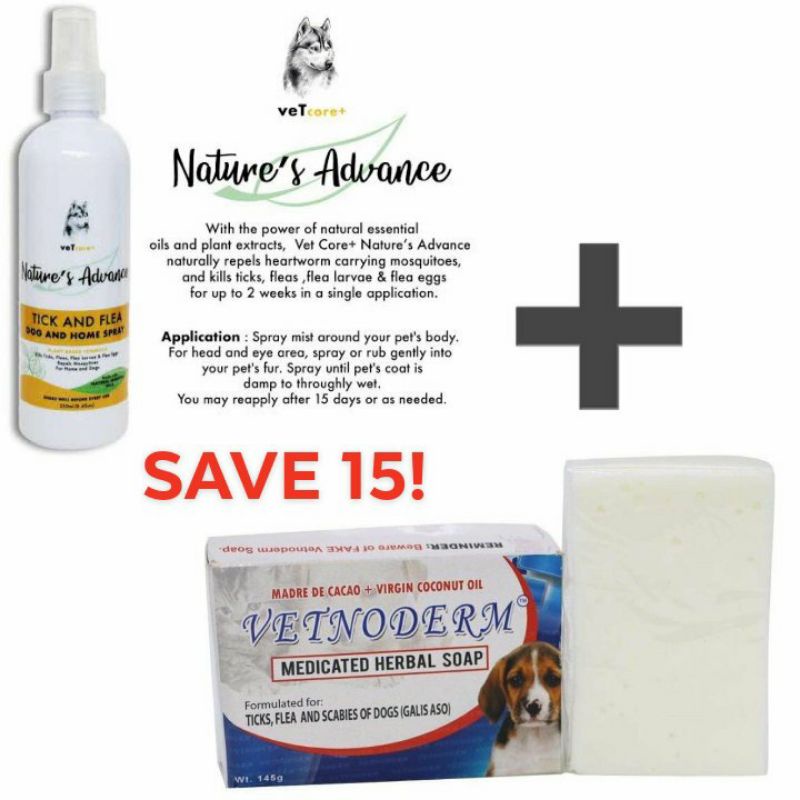 Vetcore Spray Tick and Flea and Vetnoderm soap for Ticks, Flea and