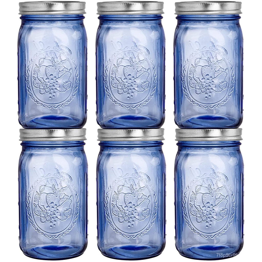 Blue Quart Mason Jars with Airtight lids & Bands, 32oz Vintage Wide