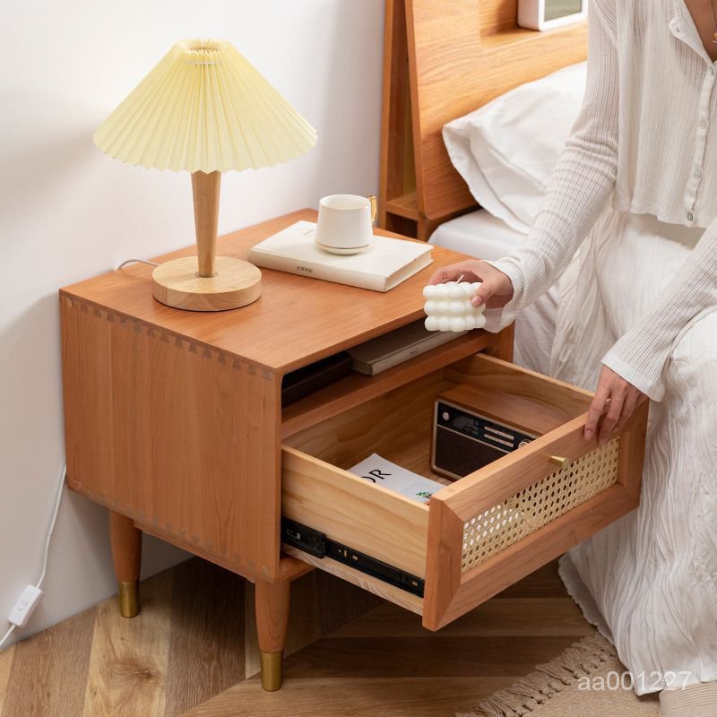 Nordic All Solid Wood Rattan Bedside Table Japanese Bedroom Locking