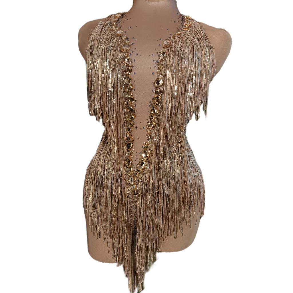 Sparkly Rhinestones Fringes Leotard Sexy Tassel Bodysuit Jazz Dance