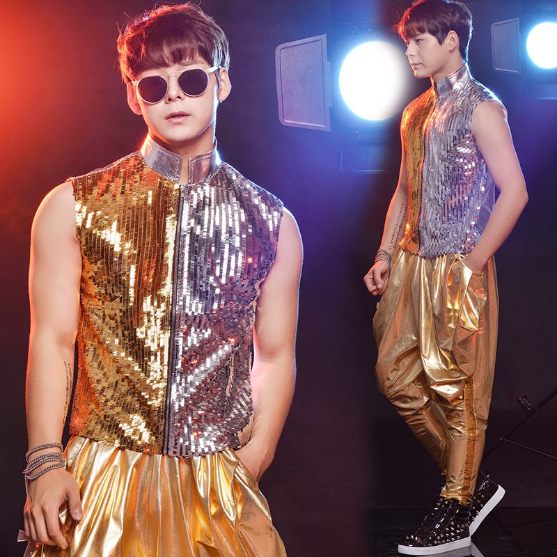 lhjt Gold Sequins Vest Pants Set Singer Costumes Male HIP Hop Rock DJ ...