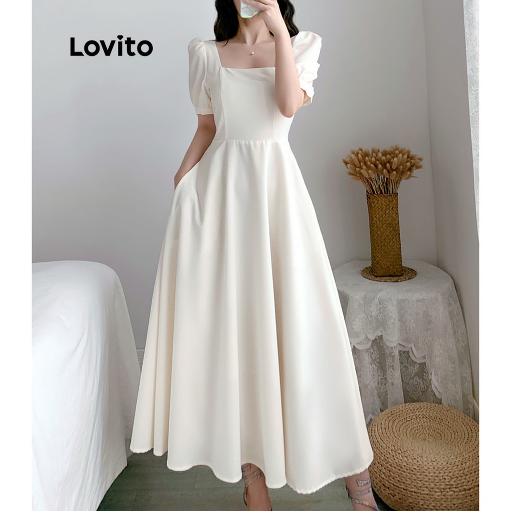Lovito Elegant Plain Frill Pocket Ball Gown Square Neck Dress for Women ...