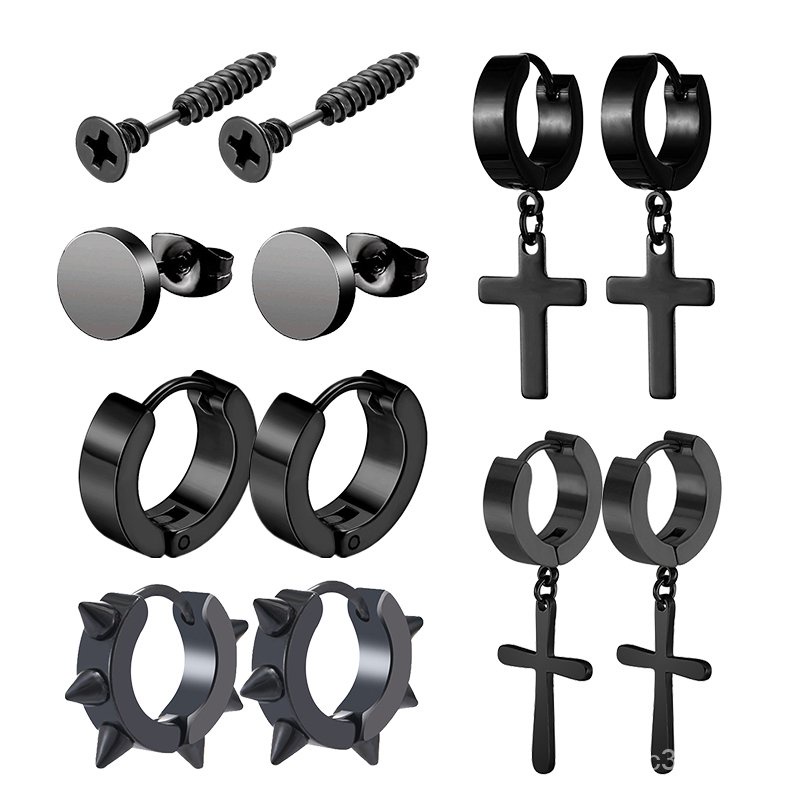 6 Pairs Black Earrings Set Stainless Steel Stud Hoop Earrings for Men