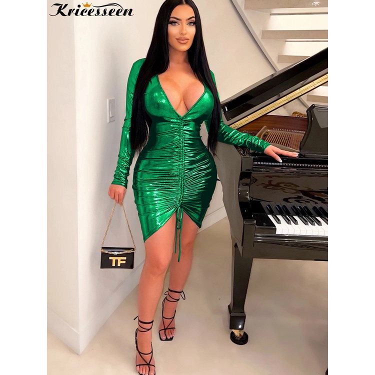 Kricesseen Sexy Solid Long Sleeve Ruched Shiny Metallic Dress New Women Deep V Neck Birthday