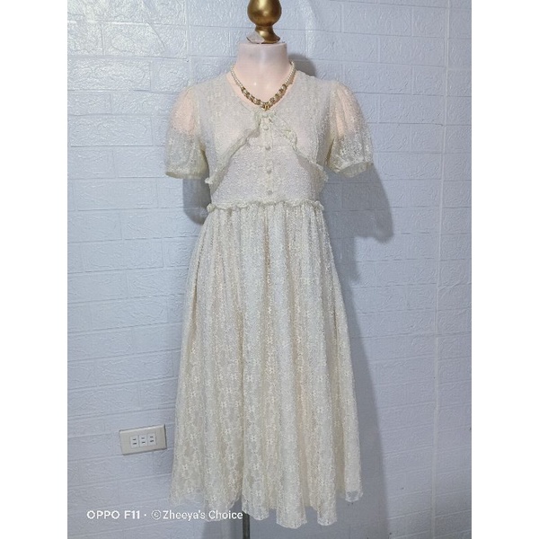Cream / Pastel Yellow Trendy /Dainty Lace Eyelet Midi Dress (Civil