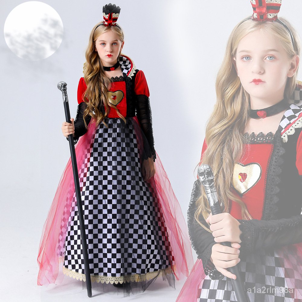 Halloween Costume Red Queen Poker Print Dress Alice In Wonderland Queen Of  Hearts Character Performance Dress