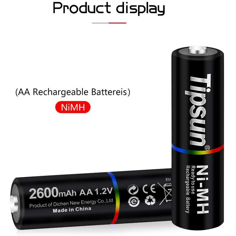 4 pcs Tipsun AA Rechargeable Batteries Ni-MH, 2600mAh High Capacity ...