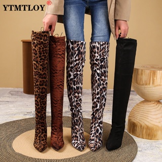 Suede Mid Calf Boots Platform Leopard Thin Heels 19cm Round Toe