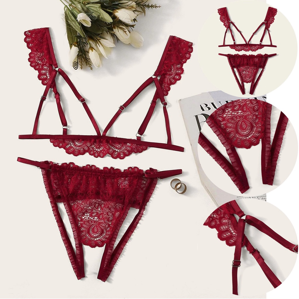 vxV New Sexy Lingerie Lace Women s Underwear Set Open Bra Crotchless Thong Sensual Lingerie Wo