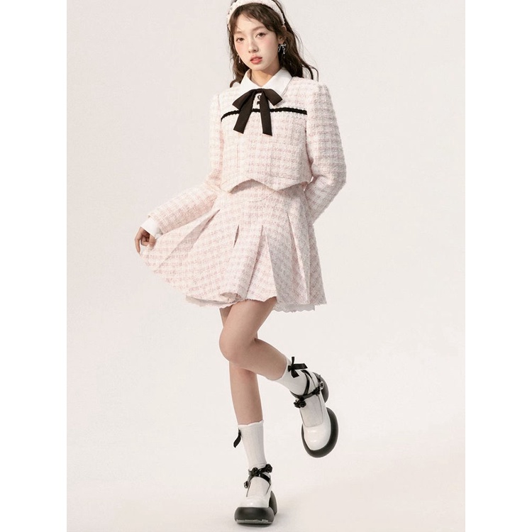 Dandelion Pink Knit & Grey Trim Bow 2 Piece Set main image 1