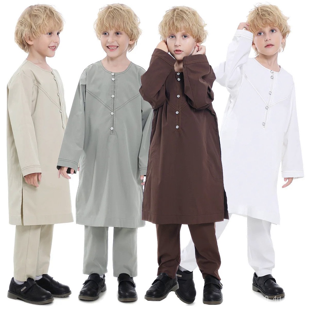 ♀Muslim Kids Jubba Thobe Arab Boy Thobe Children Abaya Ramadan Dress