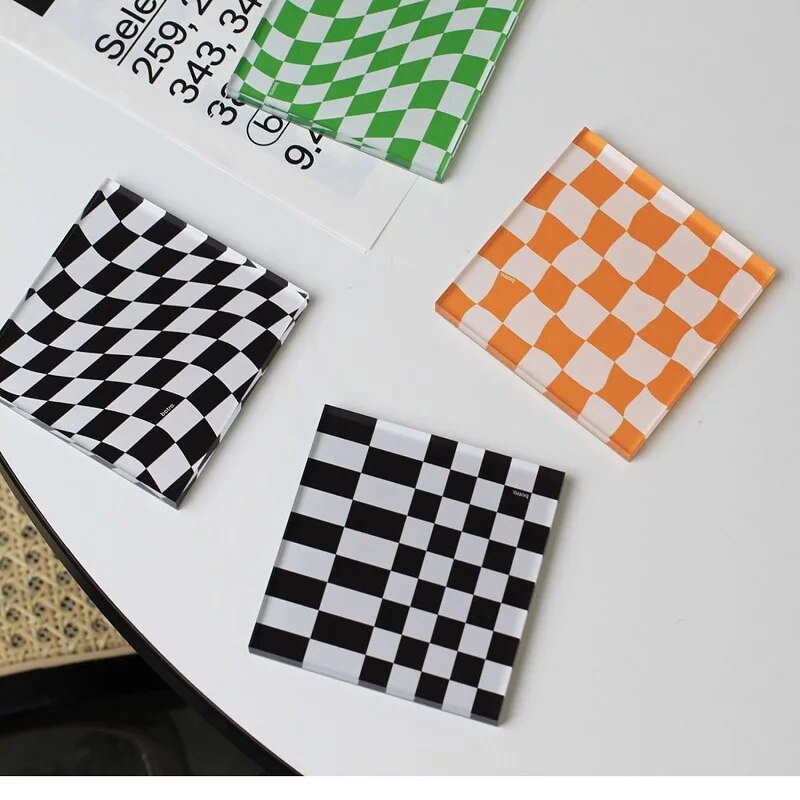☼Square Round Retro Checkerboard Coaster Office Acrylic Coffee Creative ...