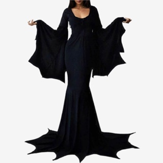 Morticia Addam Halloween Witch Ghost Costume Gothic Floor Train