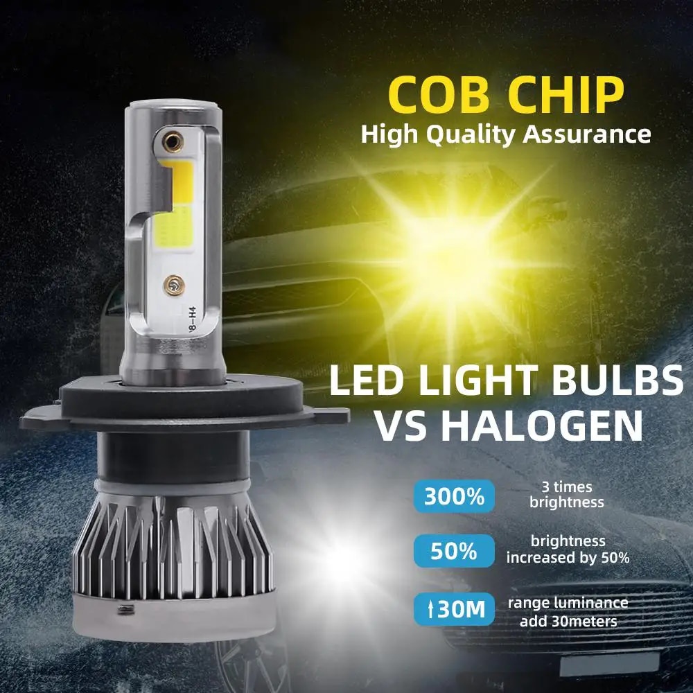 H4 9003 HB2 LED Headlight 120W 26000LM High Power COB Turbo Lamp 6000K ...