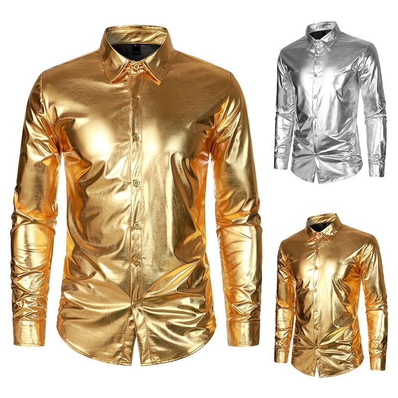 ☎ Men's Metallic Shiny Shirts Disco Party Mens Dress Clothing for Male ...