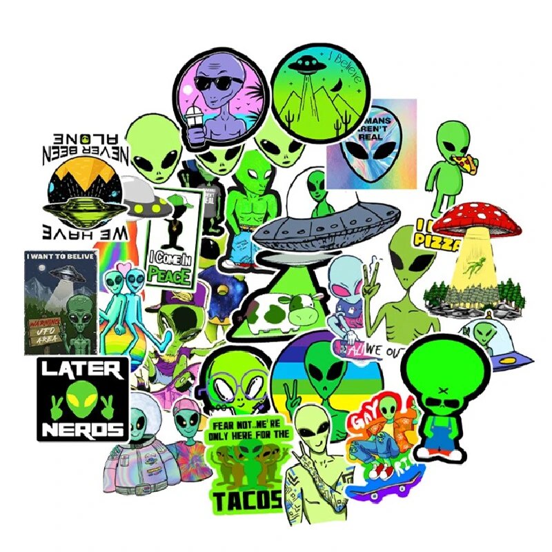 50pcs/pack cartoon green big eye alien E.T stickers laptop cup ...