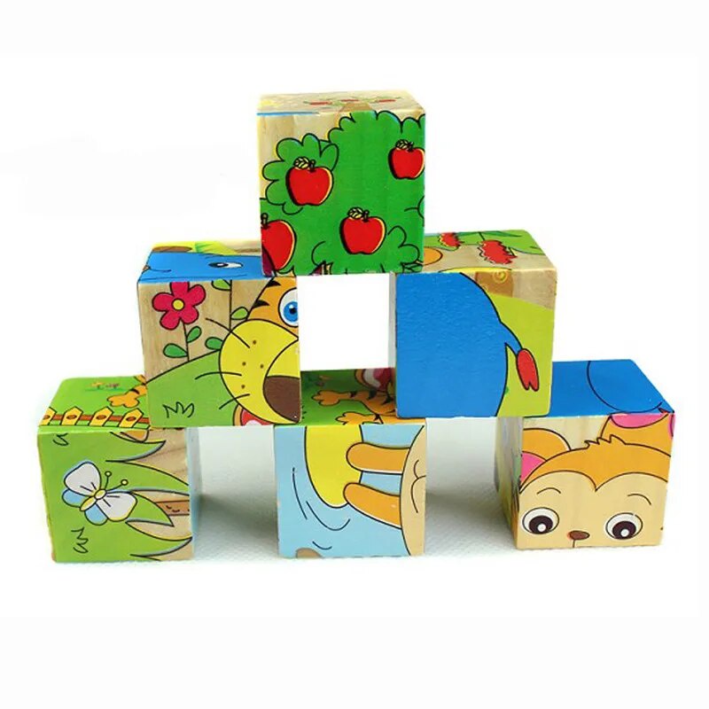 Wooden Animal Puzzle Kids Toys 6 Sides Wisdom Jigsaw Early Education ...