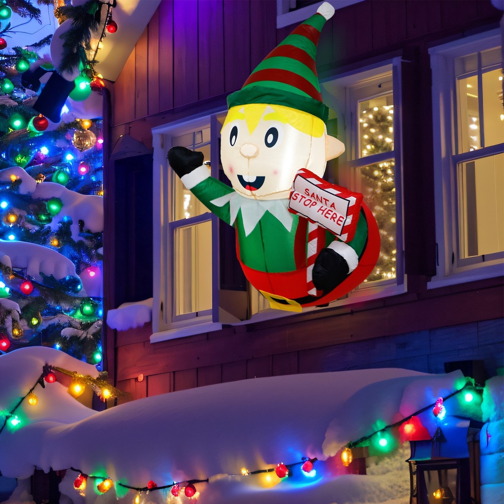 3.5 Feet Christmas Elf Inflatable with Broken Signpost from Window ...