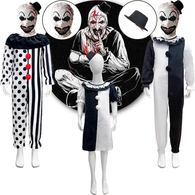 ♥Kids Terrifier Clown Cosplay Costume Terrifier Mask Jumpsuit Halloween ...