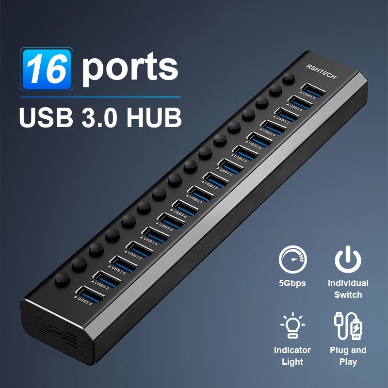 ☜RSHTECH Powered USB Hub Aluminum 10/13/16 Port Expander USB 3.0 Data ...