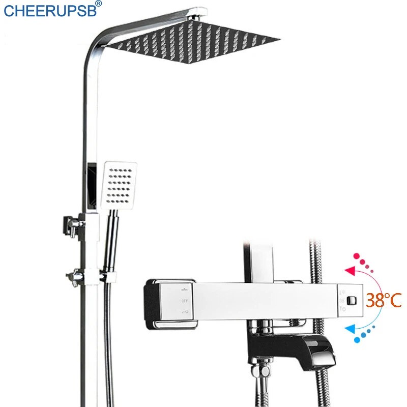 Bathroom Smart Thermostatic Shower Set Wall Mount Square Rainfall Bath ...