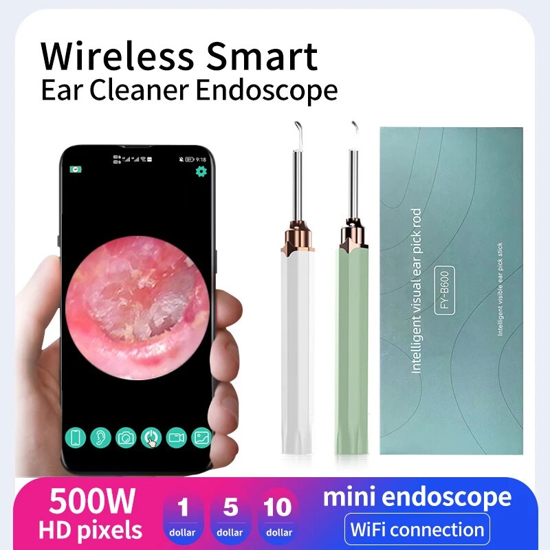 68F Wireless Smart Ear Cleaner Endoscope 500W Pixel WIFI Visual ...