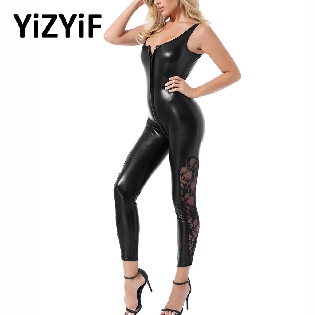 80i Erotic Faux Leather Catsuit Sexy Hot Women Pvc Latex Bodysuit Front Zipper Open Crotch Jum 6421