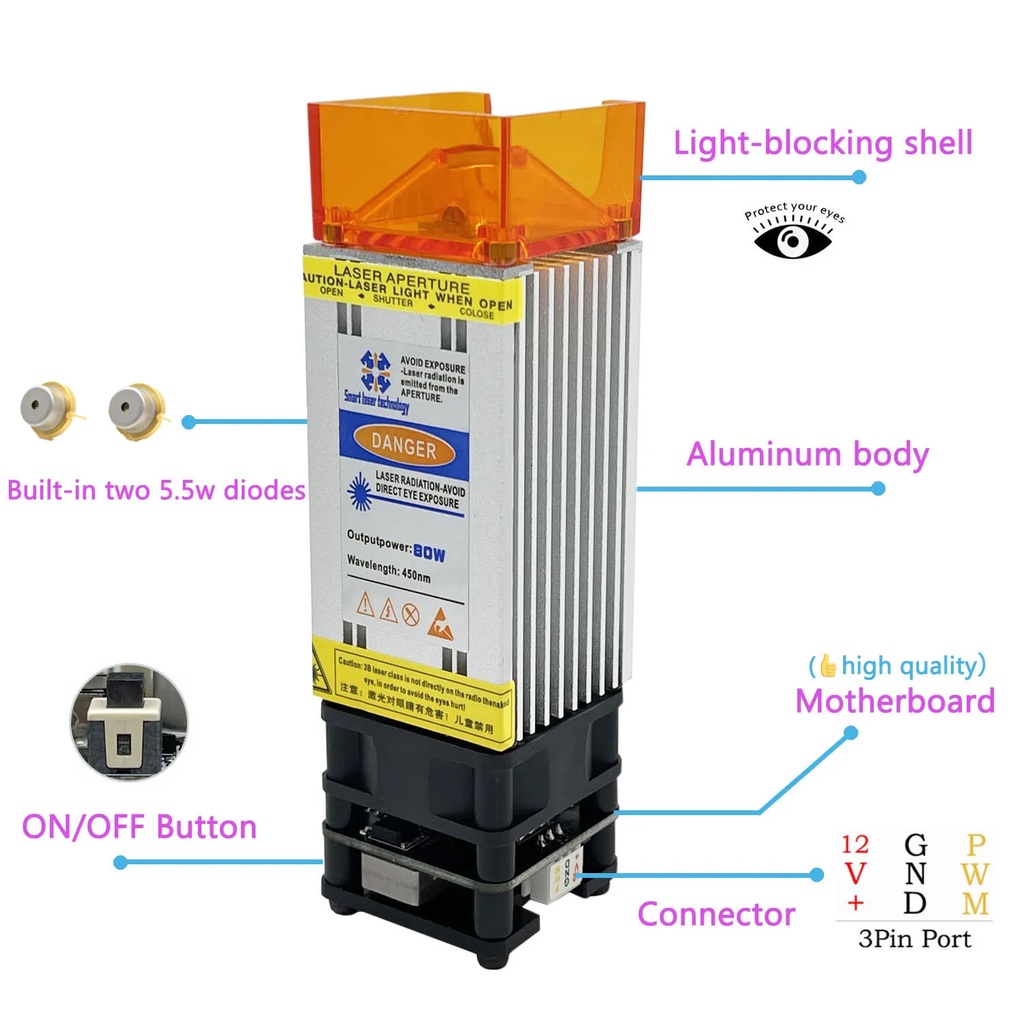 94c 12v 24v 80w Laser Engraving Head 450nm Blue Laser Module For Cnc