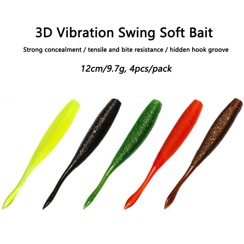 ☼3D Vibration Swing Soft Bait 4pcs 12cm/9.7g Screw Straight Tail Lure ...