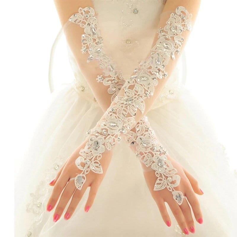 75V Opera Length Long Wedding Dress Gloves Crystals Diamond Gauze ...