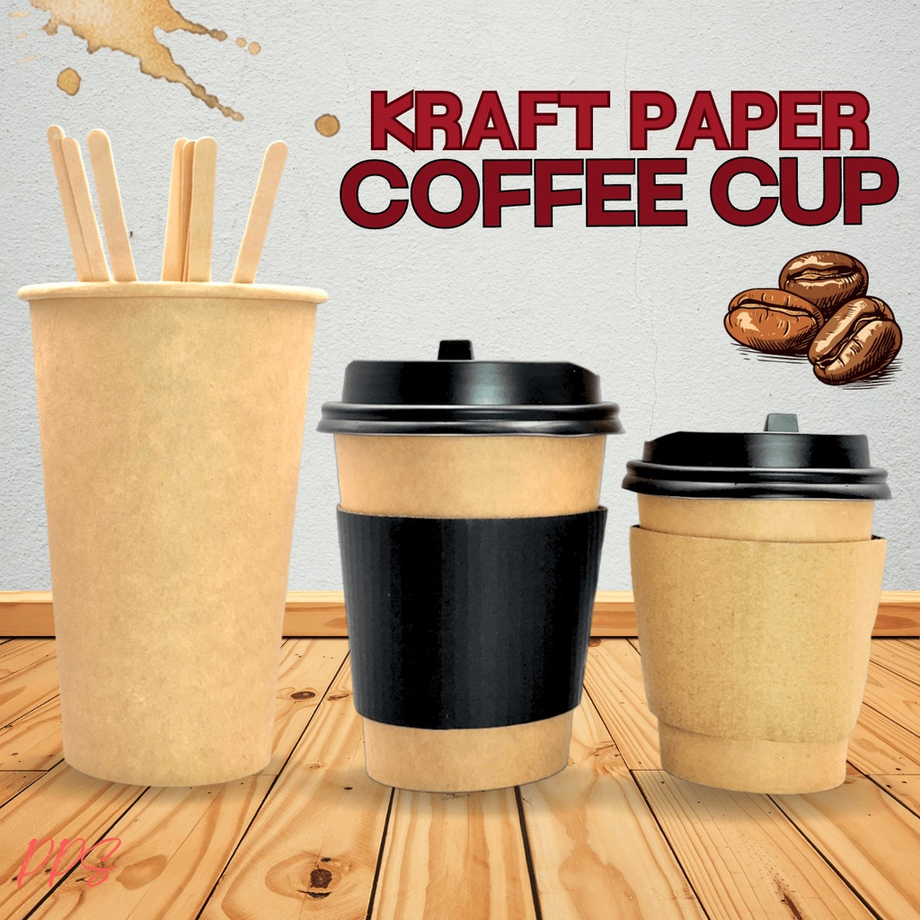 Coffee Paper Cup Plain Kraft with Black Flip Lid sleeves included 50pcs ...