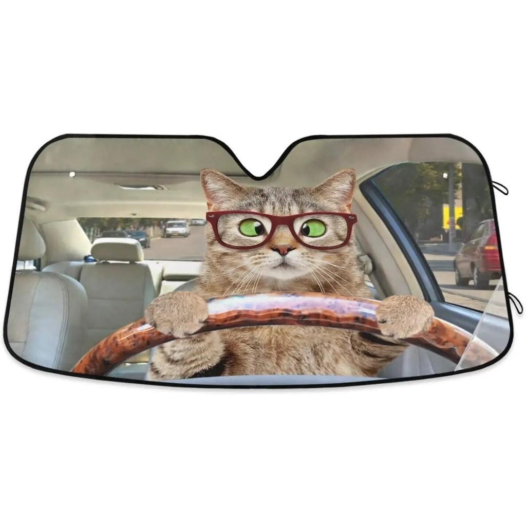 【Oarencol Fun Cat Driving Car Windshield Sun Shade Foldable UV Ray Sun ...