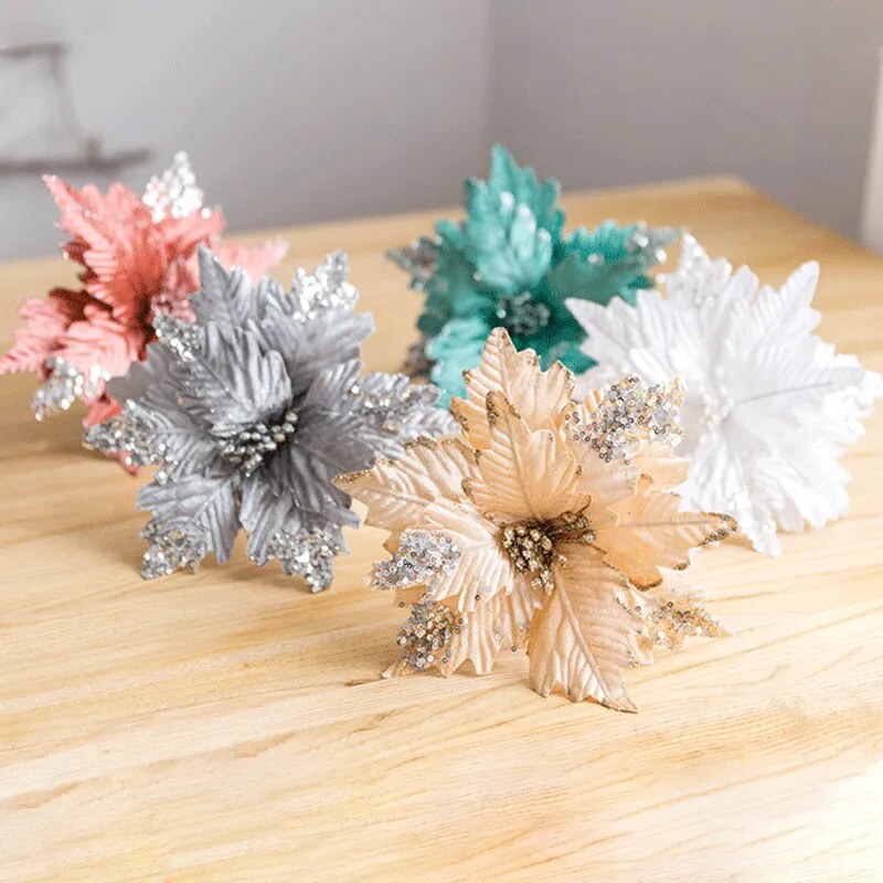 ☼Glitter Flowers for Christmas Tree Decor Artificial Bouquet Ornaments