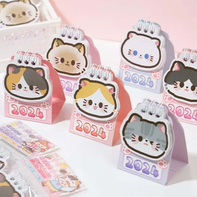 29y 2024 Calendar Cute Cartoon Cats Desk Calendar Kawaii Mini Daily