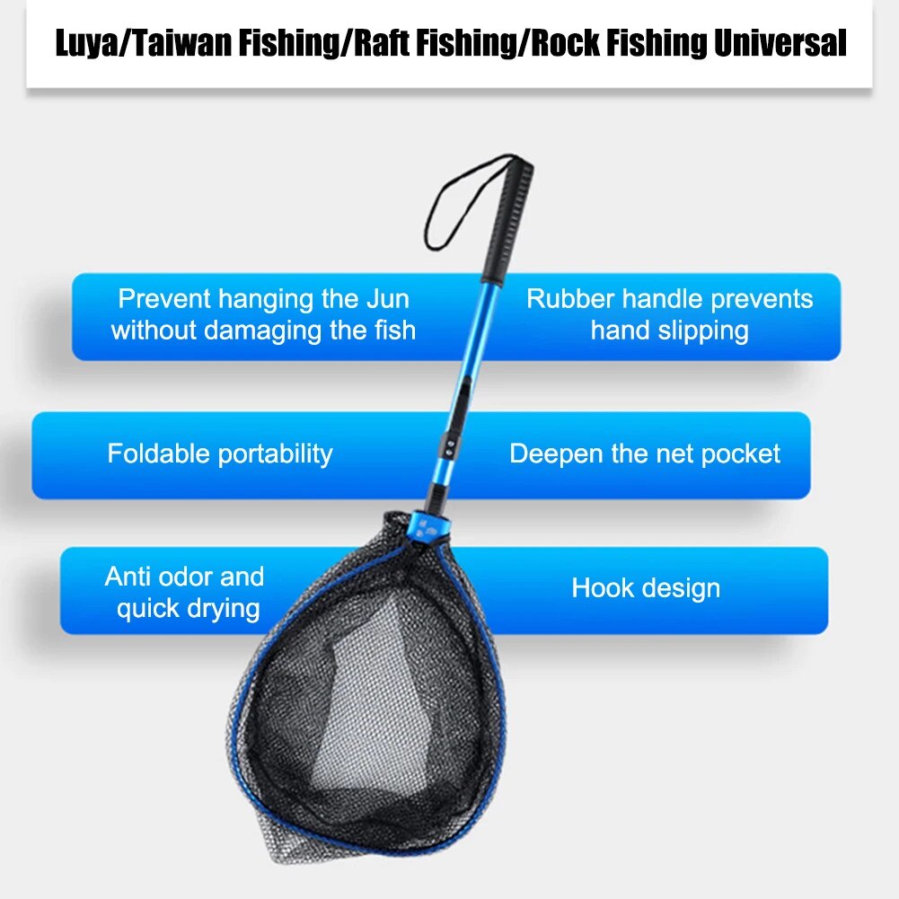 ✲Foldable Fish Landing Net Rubber Mesh 8MM Mesh Fly Fishing Net with  Aluminum Handle Anti-Slip 3 T❤