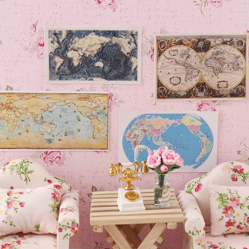 4PCS Miniature Map Scale Model Wall Decoration Dollhouse 1:12 Mini Map ...
