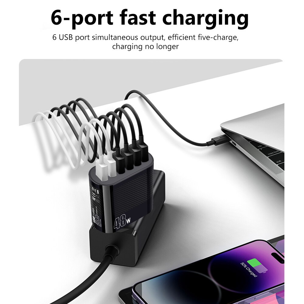 48W 6 Ports USB Type C Charger USB C Charger Fast Charging Power ...