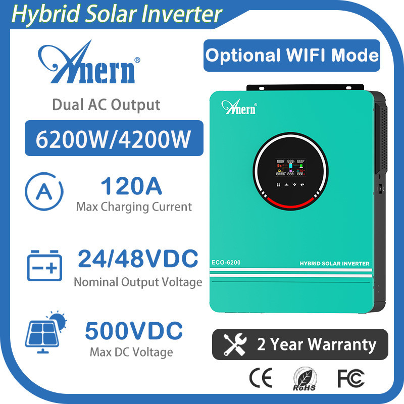 Anern 6.2KW 4.2KW 3.2KW 24V 48V 230V Hybrid Inverter Dual AC Output ...