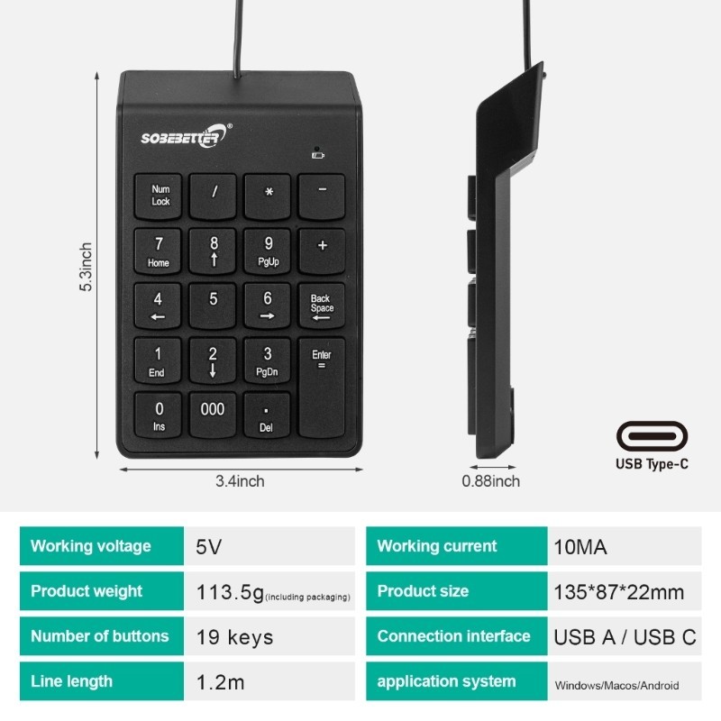 Wire 19 Key Corded Mechanical Numeric Keypad Type USB External Notebook ...