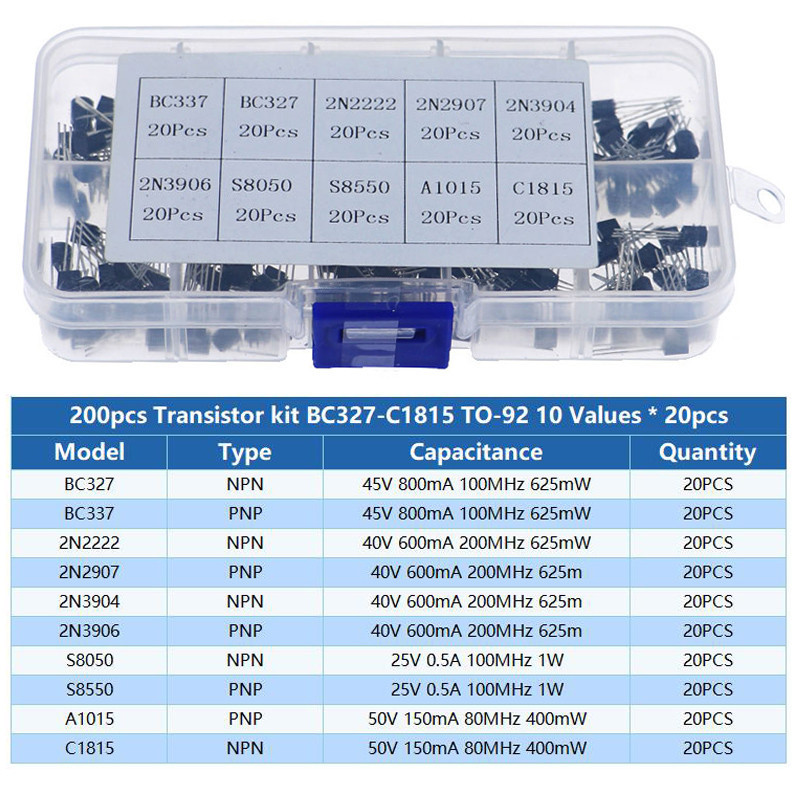 200 Stücke 10 Werte NPN PNP Transistor, Leistungstransistor DIY Sortiment Kit BC327 BC337 BC517 BC547 BC548 BC549 BC550 BC556 BC557 BC558 mit transparentem Box