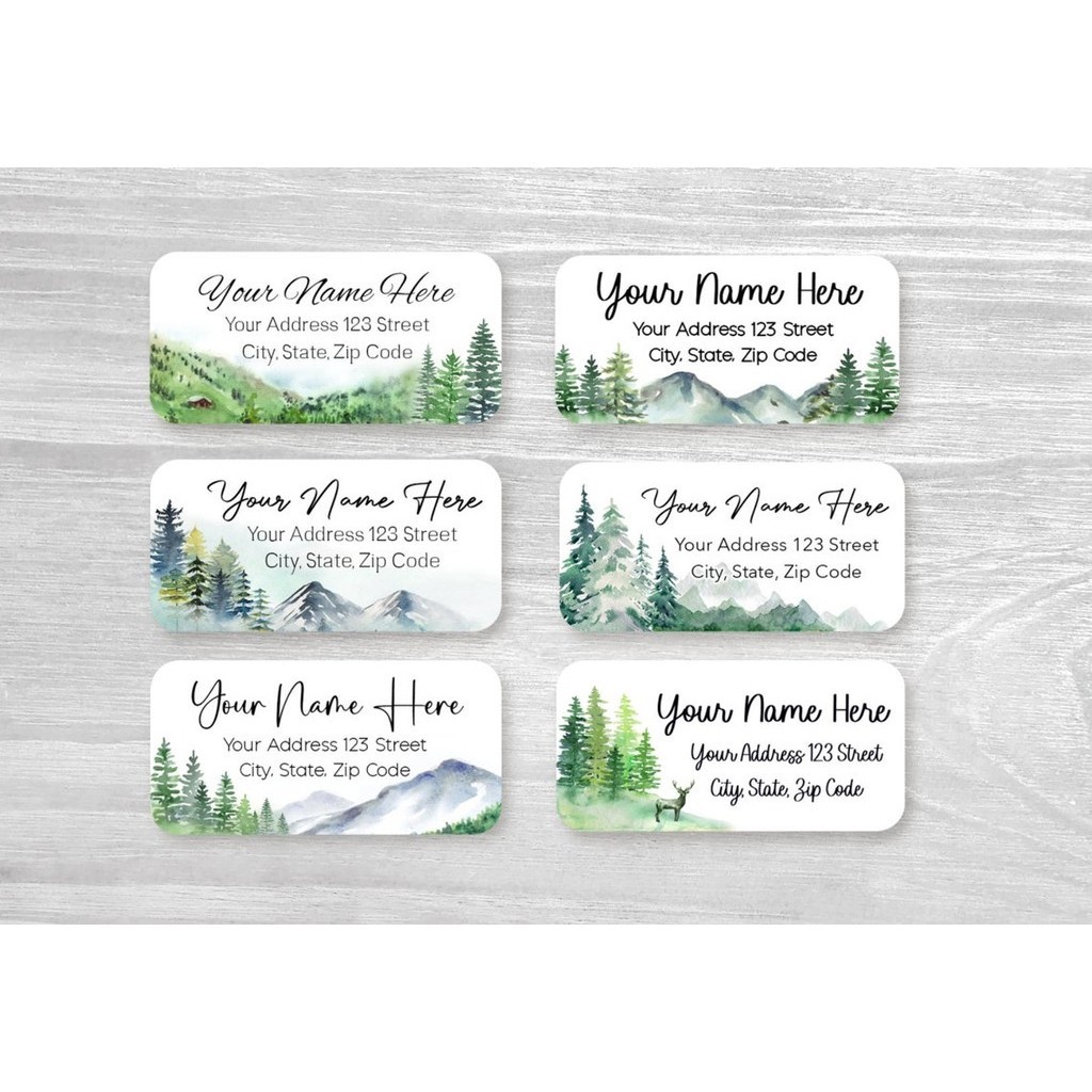 100 Pieces, Custom Return Address Labels, Watercolor Trees Mountain ...