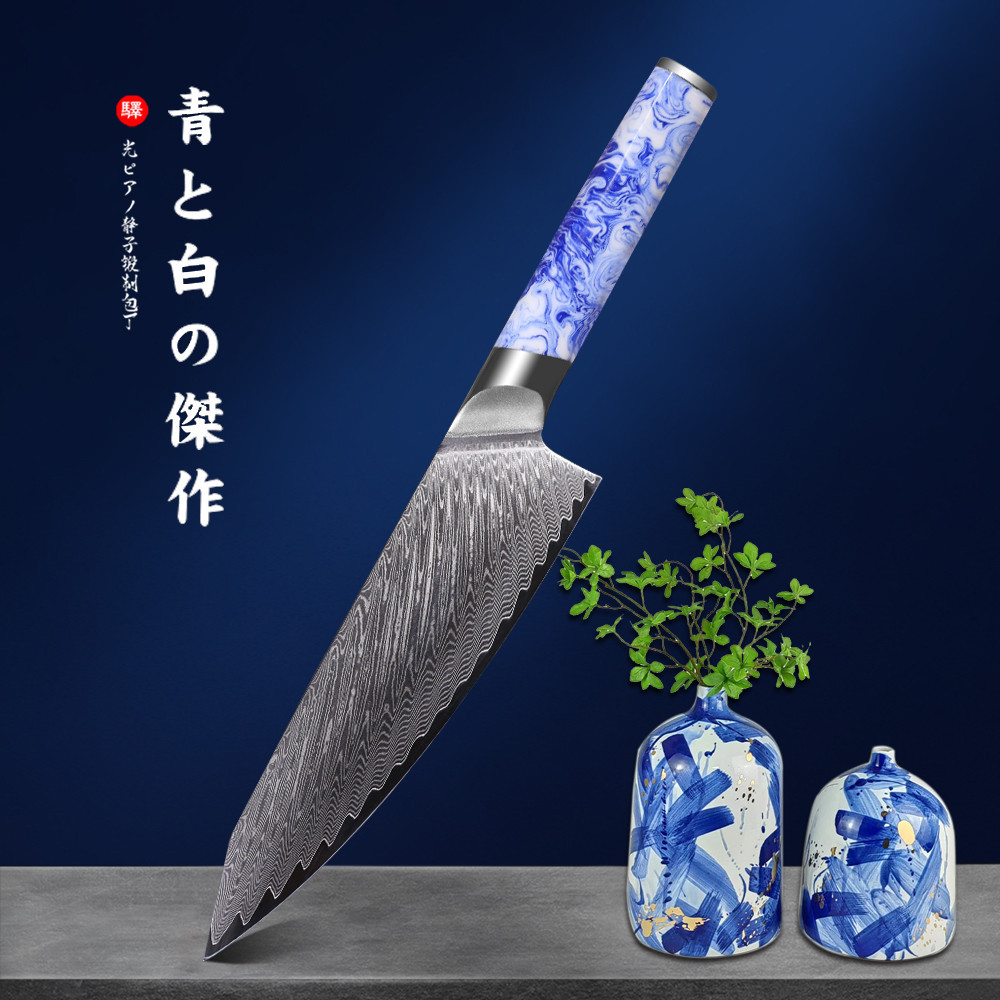 Japanese Damascus Steel Chef Knife, Vegetable Cleaver, Blue and White ...
