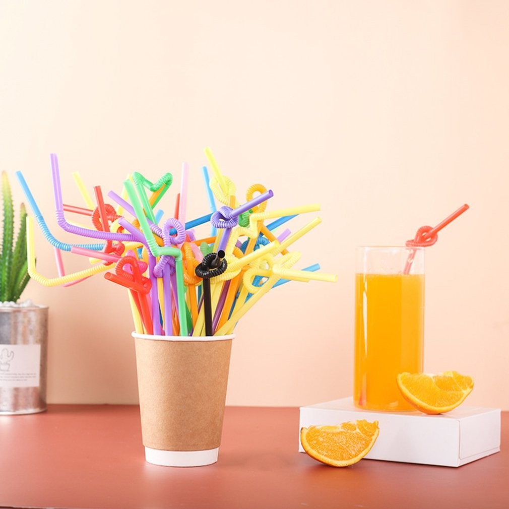 Hot 100 Pcs/Bag Disposable Plastic Straw Color Art Straws Curved DIY ...