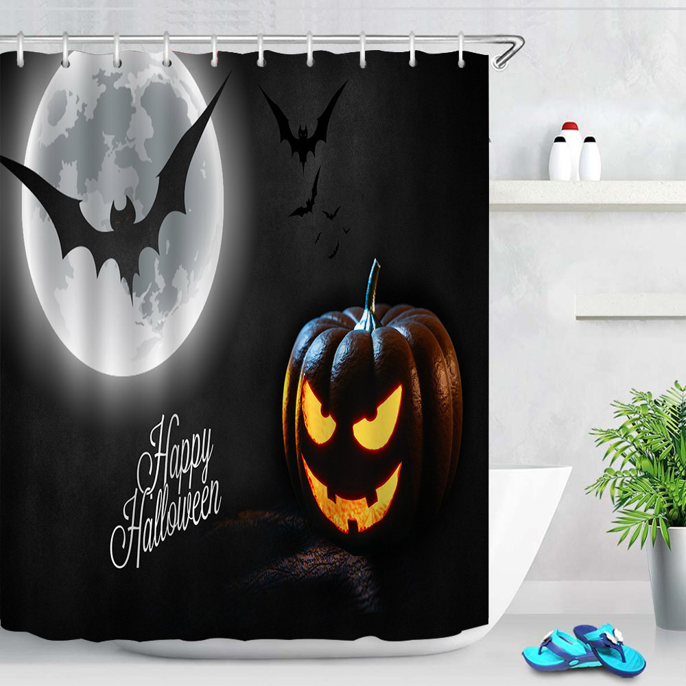 Halloween Themed Shower Curtain Prank Horror Weird Pumpkin Bat Moon