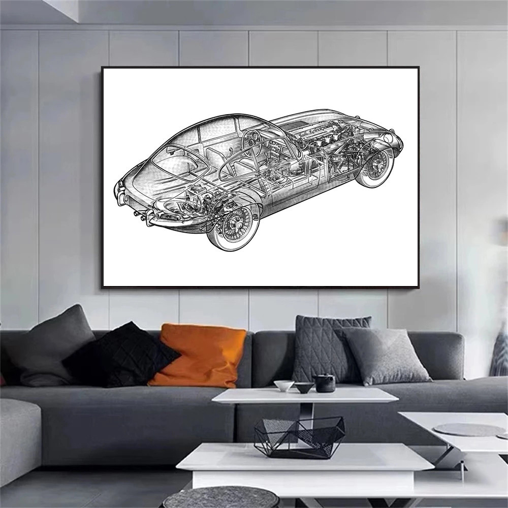 Vintage Car Assembly Structure Sketch Print Poster Pencil Drawing ...
