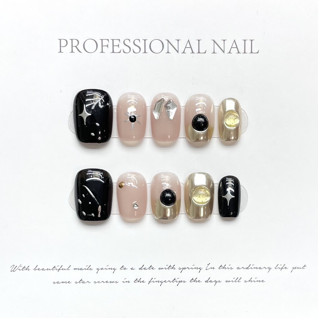 10 Pcs Luxury Handmade Press On Nails Short Ballet Black Sun Design