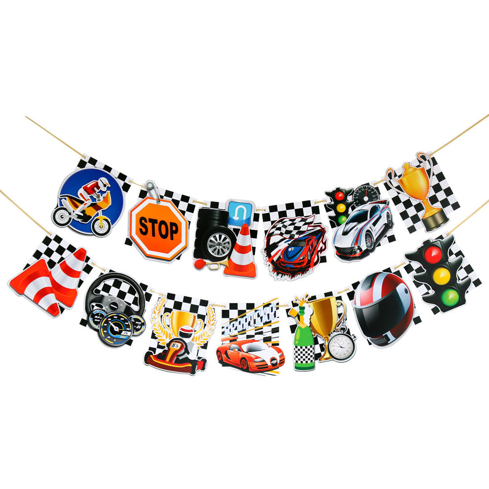 Lets Go Racing Decorations Motorcycle Racecar Happy Birthday Banner ...